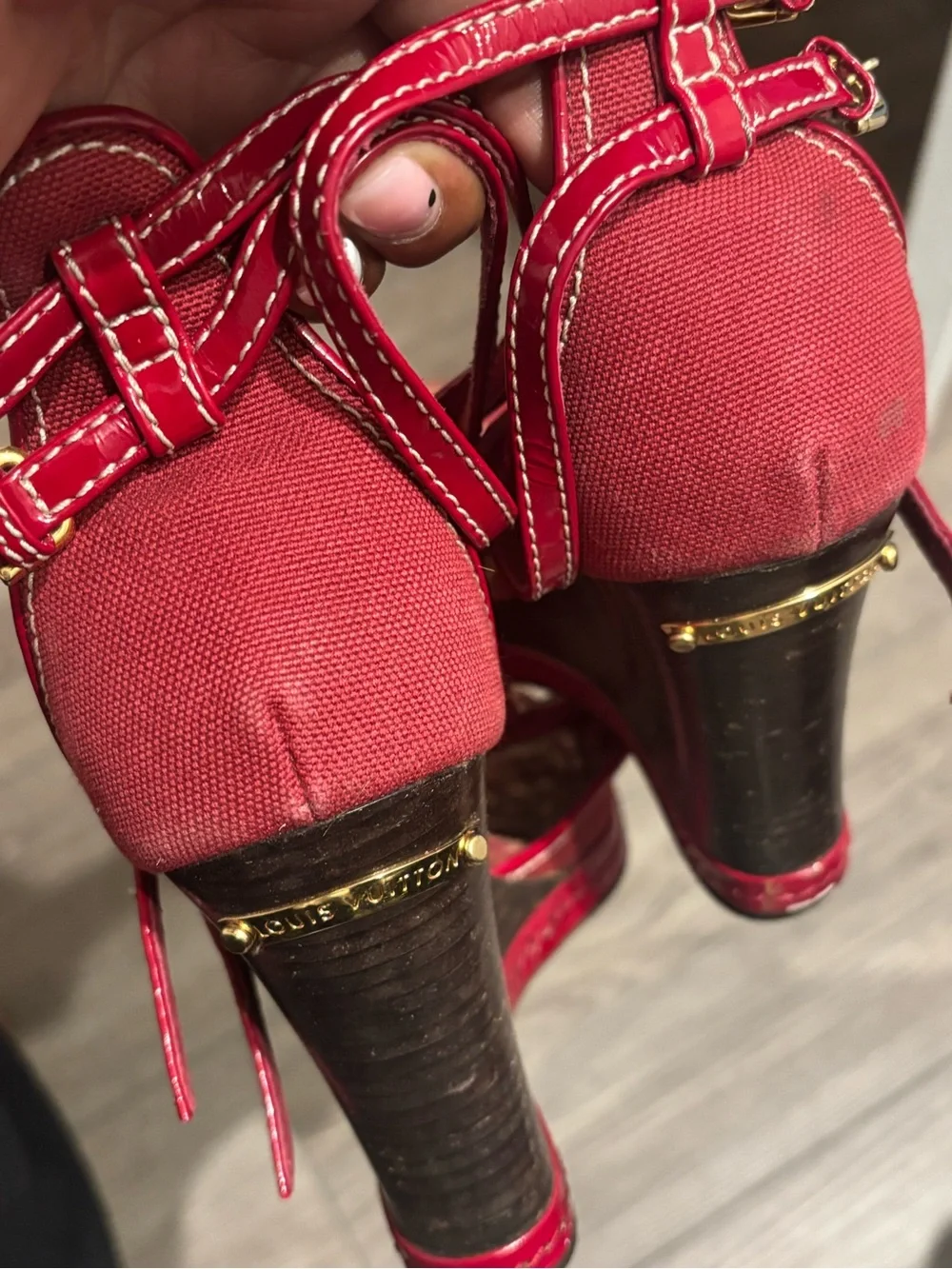 Louis Vuitton Vintage Red Canvas T-Strap Wedge Sandals Y2K Size 9
